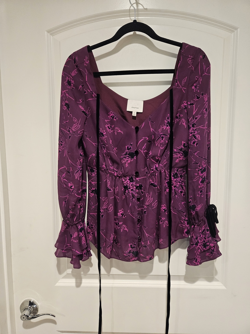 cinq a sept Purple Floral Scoop-Neck Blouse with Velvet Ties # 948